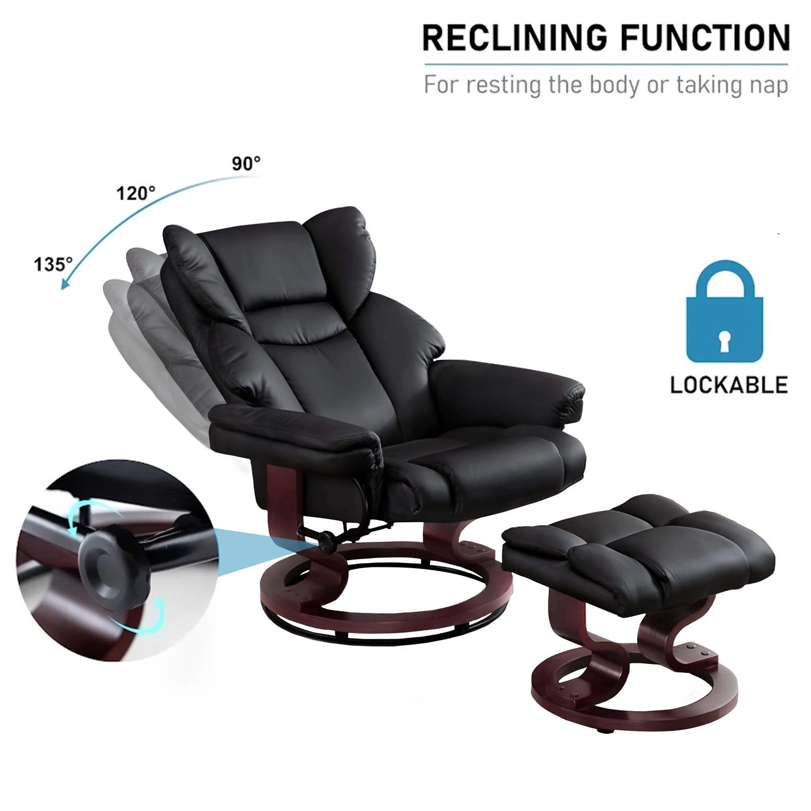 Swivel Recliner Chair with Footstool - Recliner Armchair in black leather with adjustable reclining angles and lockable function, ideal for living rooms.