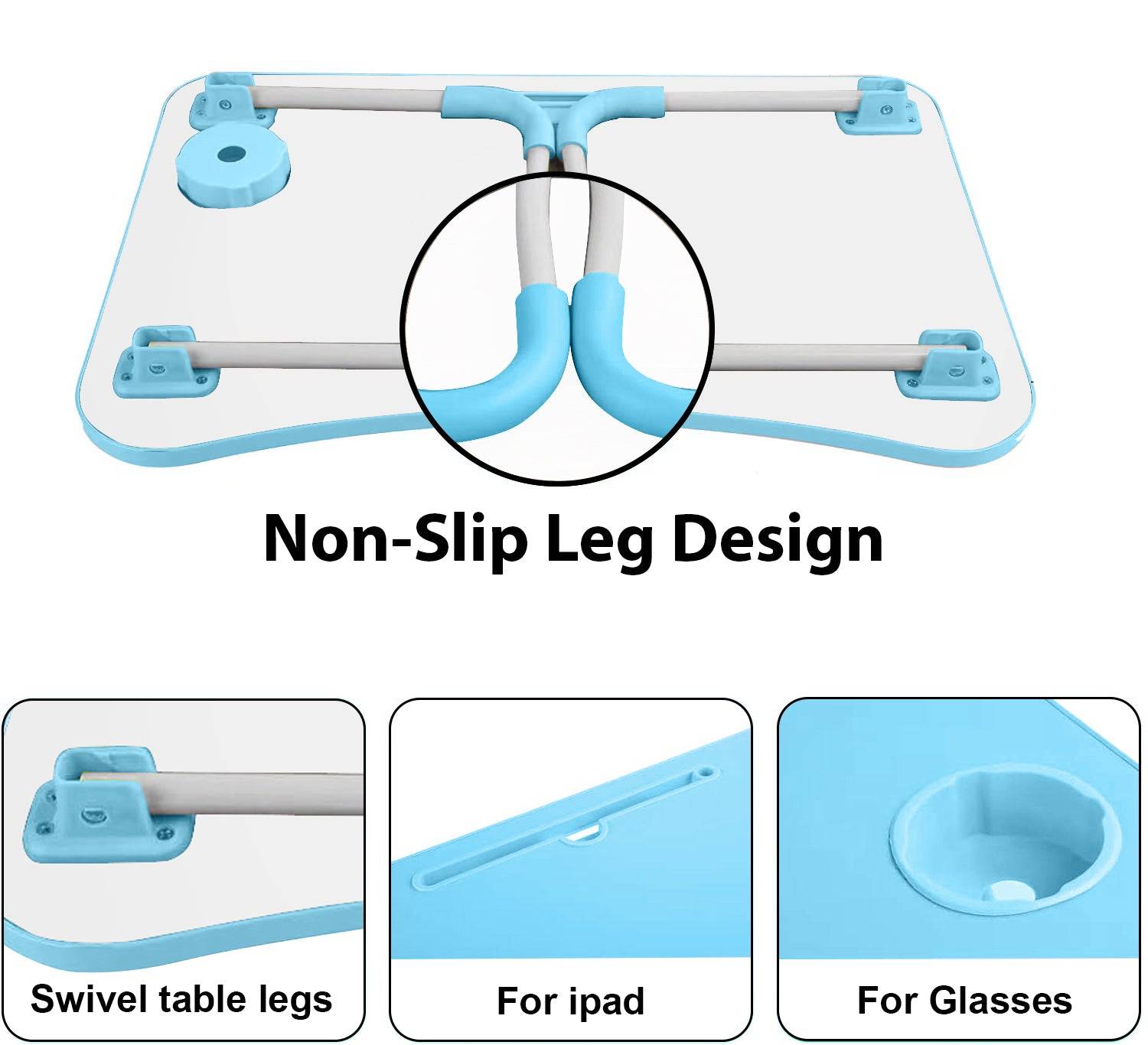 Table for laptop with non-slip leg design and swivel table legs, offering stability and flexibility.