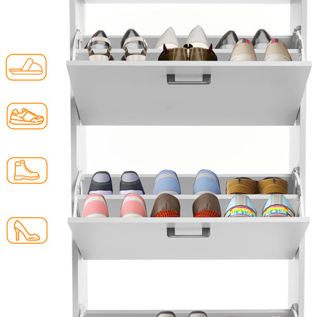 Open slimline shoe cabinet with three compartments displaying various footwear including boots, slippers, and wellies.
