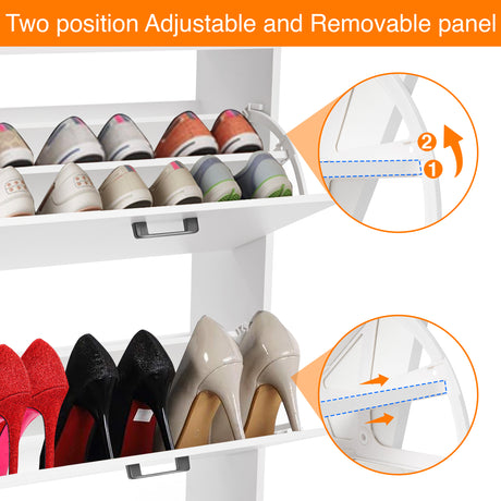 Narrow shoe cabinet with adjustable dividers shown open, displaying flexibility for tall boots and high heels.