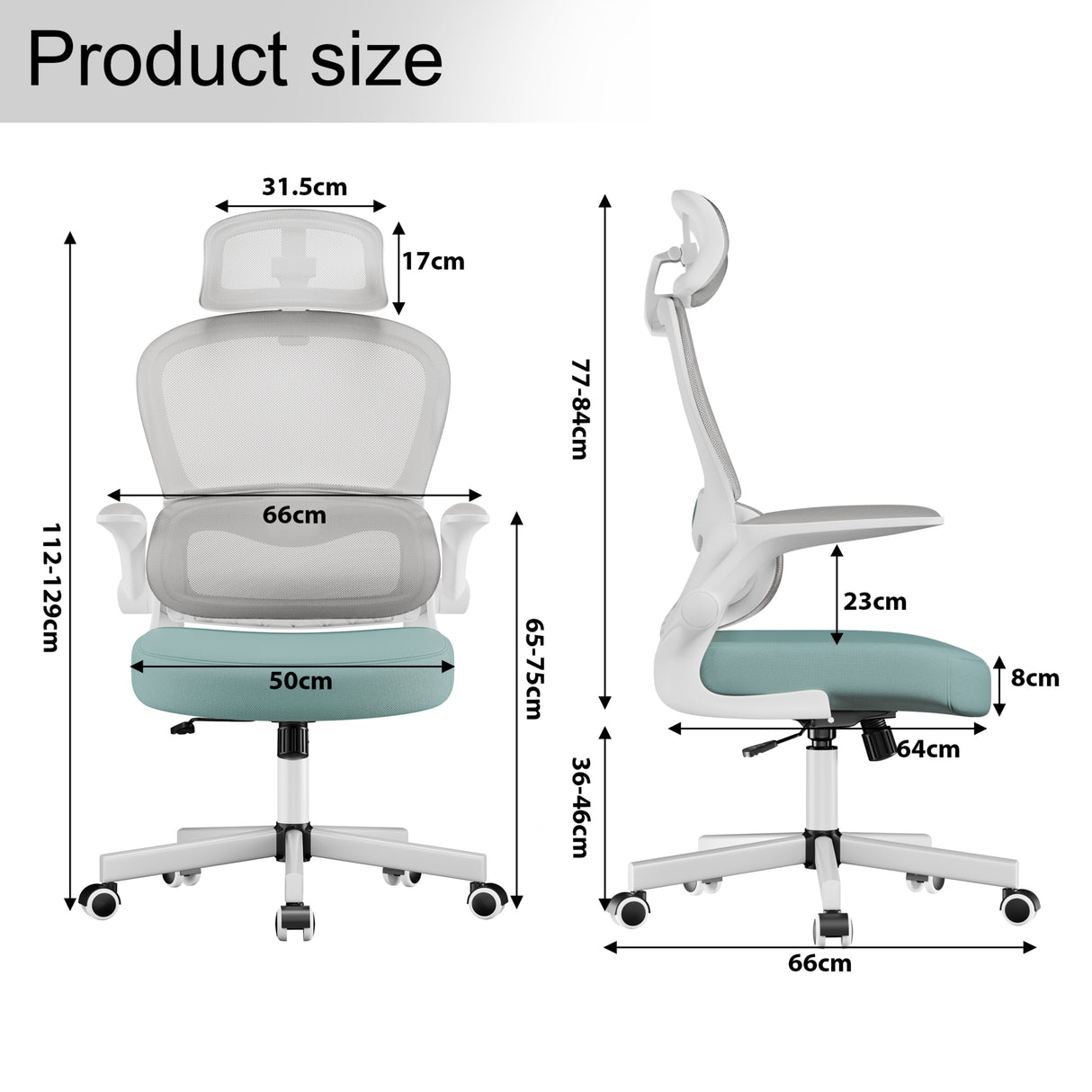 Dimensions of Tiffany Blue and grey spinny chair  with headrest: seat width 50 cm, depth 64 cm, and height 112-129 cm.