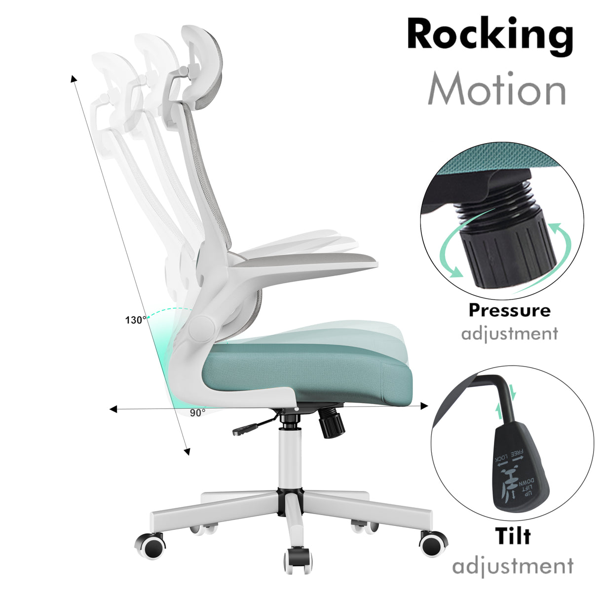 Teal ergonomic office chair with rocking motion and tilt adjustment. Mesh back and cushioned seat for flexible, comfortable seating.