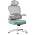 Front view of Tiffany Blue and grey coloured mesh chair for a breathable backrest for a comfy workspace.