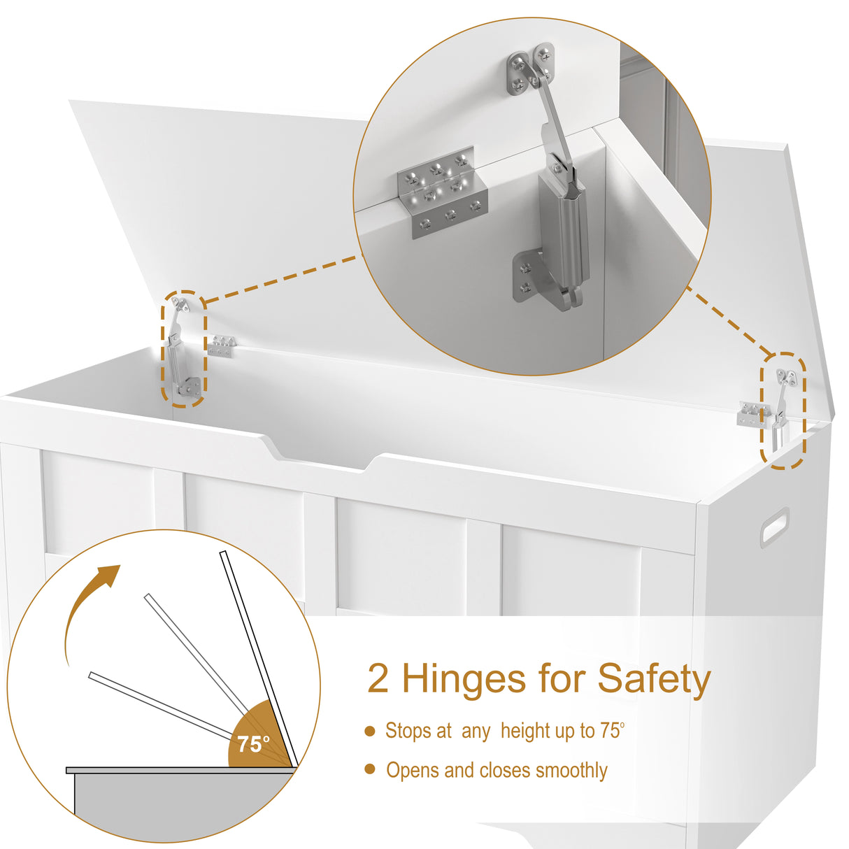 Storage Chest - Shaker Style Blanket or Toy Box With Lid & Safety Hinges shown open with close-up of dual safety hinges that stop at 75° for secure use.