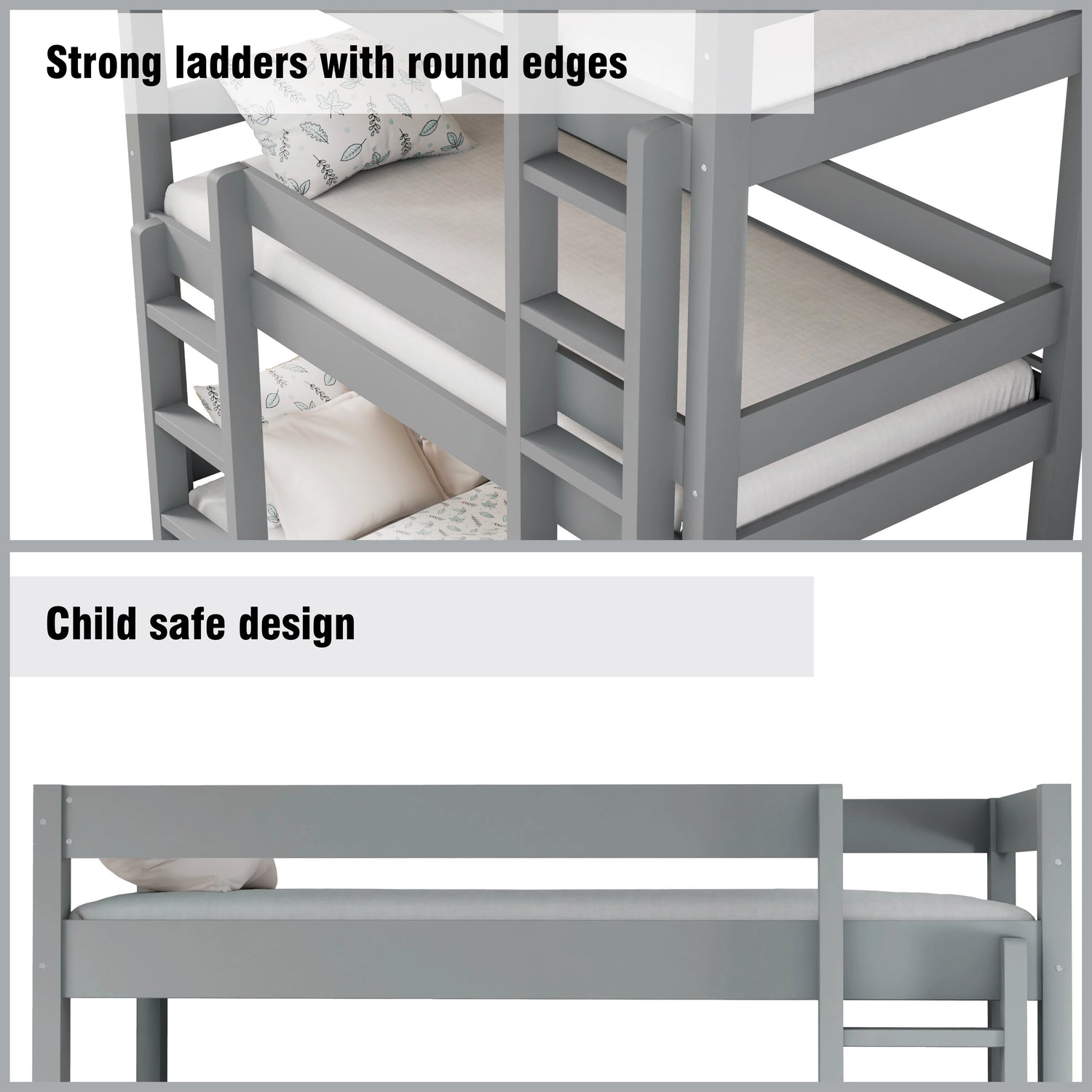 Grey bunk bed with round edges and a child safe design feature.