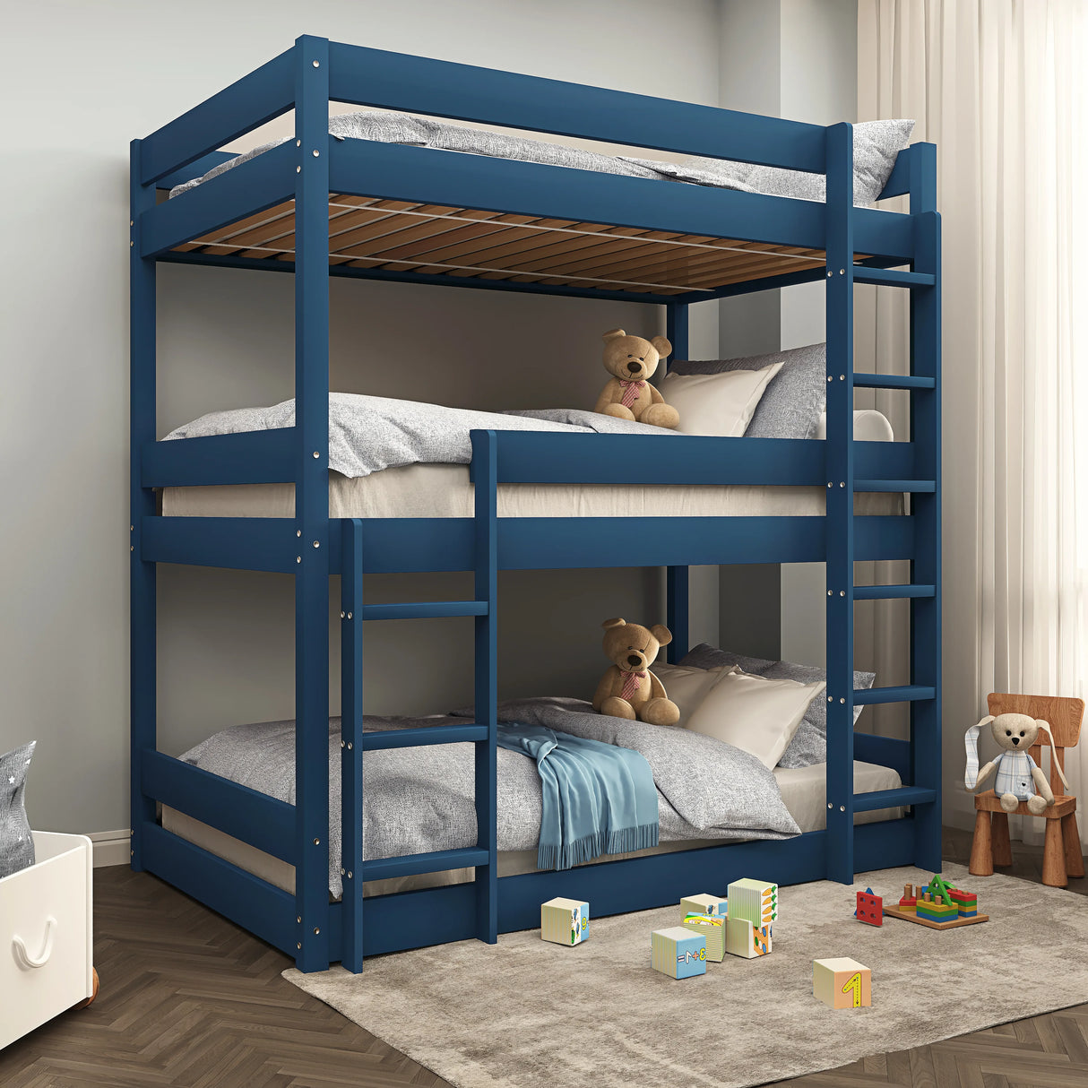 Blue triple bunk bed for kids with plush toys and blue bedding, ideal for stylish and functional shared bedrooms.
