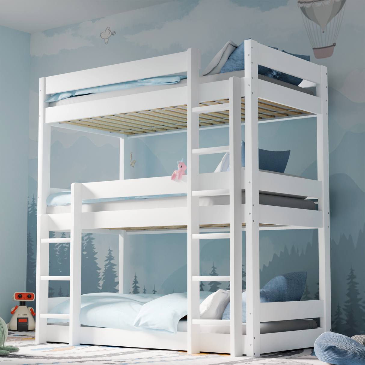Right-side angled view of white wooden triple bunk bed in kid's room, showing frame and tall design