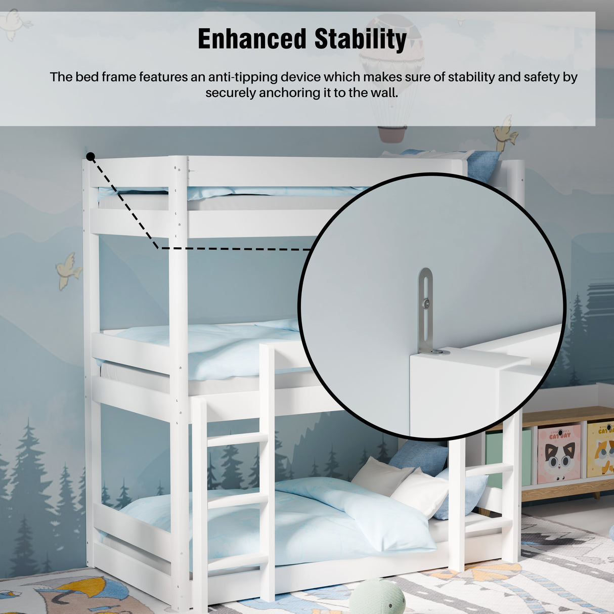 Close-up inset on white triple bunk bed for adults showing anti-tip mechanism and stable ladder structure for adults