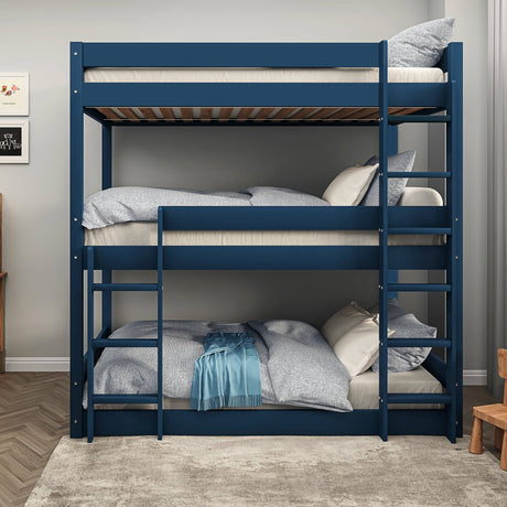 Front view of blue triple bunk bed with safety rails and ladders, designed for kids and teens' bedrooms.
