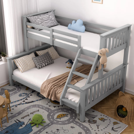 Gray bunk bed with white bedding in a room with a rug and toys.