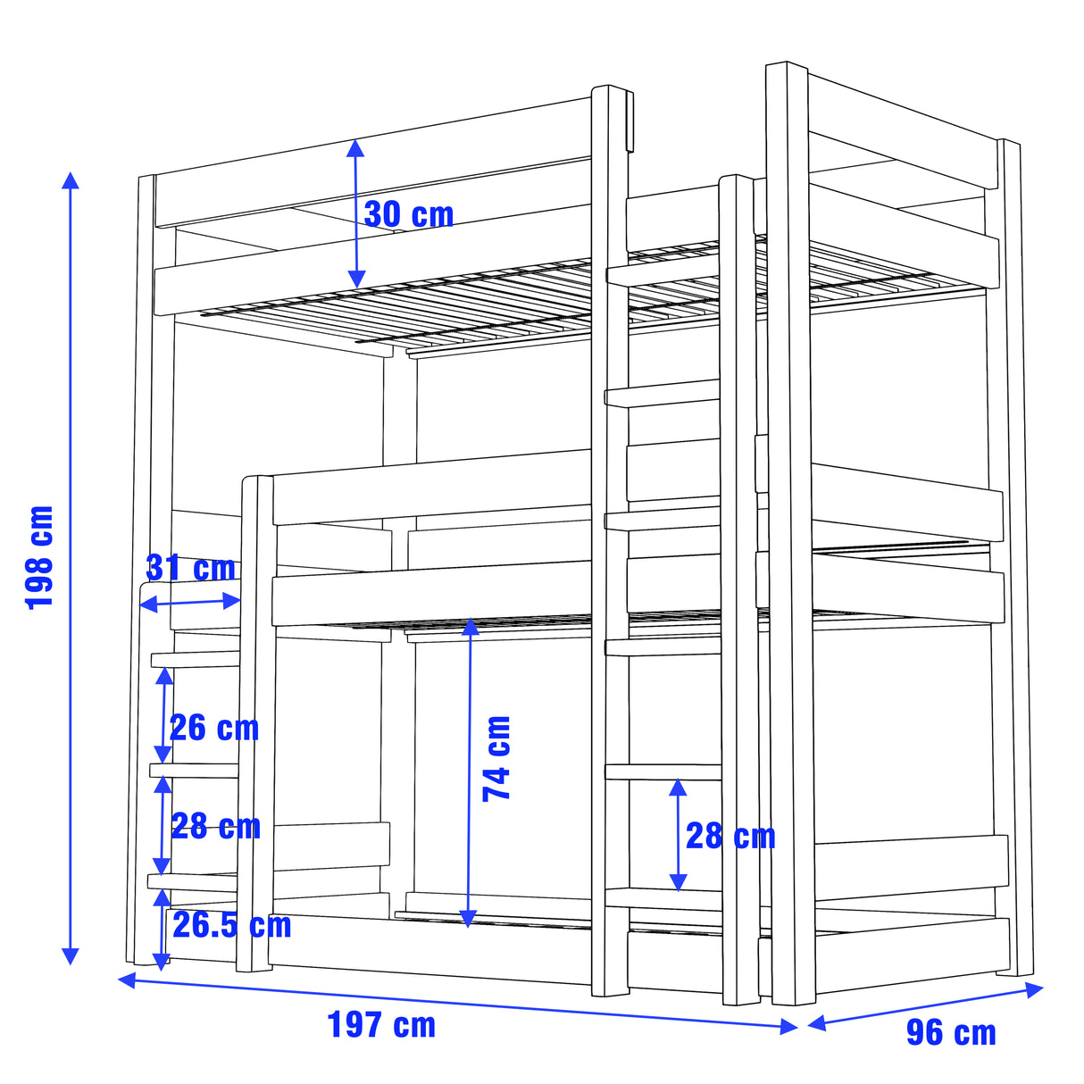 Technical diagram of wooden high sleeper triple bunk bed. Dimensions labeled for height, width, and ladder spacing for accurate fitting.