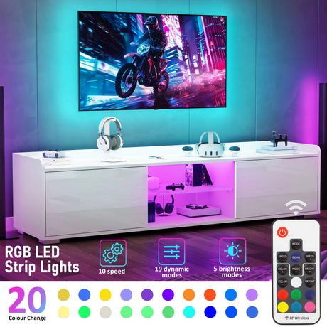 White entertainment console with RGB LED strip lights, TV, and remote control.