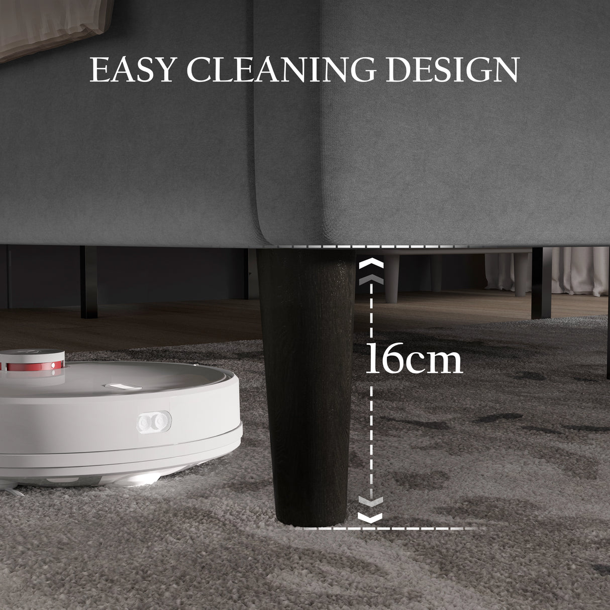 Velvet upholstered bed frame in grey with 16cm clearance for easy cleaning, shown with robot vacuum under bed. Ideal for modern bedrooms.
