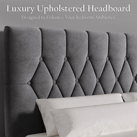 Velvet bed frame with adjustable chesterfield headboard in grey, ideal for double or king size beds. Elegant design for modern bedroom decor.