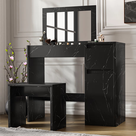 Modern black makeup dressing table with flip-up mirror, marble finish, storage drawers, and matching stool for bedroom vanity setup.