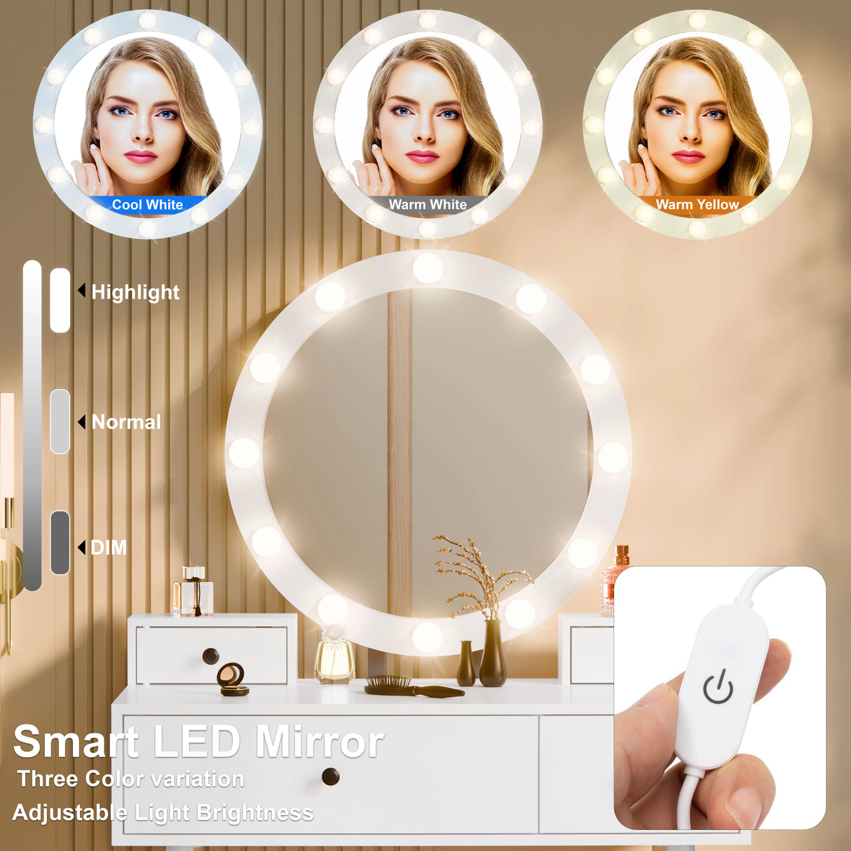 Smart LED vanity mirror showing three colour modes: cool white, warm white, and warm yellow and adjustable brightness