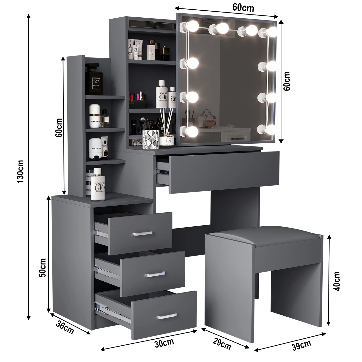 Gray vanity table with mirror and lights, including dimensions on a white background