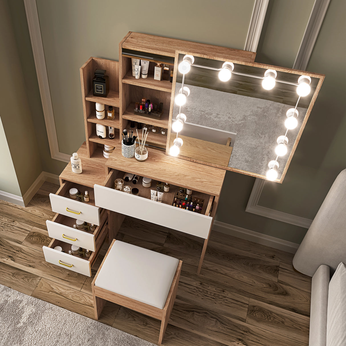 Wooden vanity with mirror and lights in a room setting
