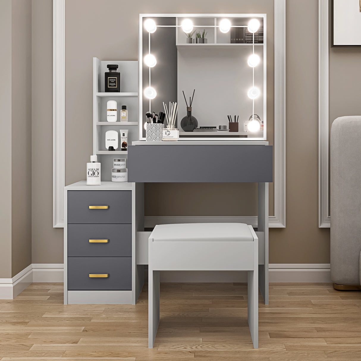 Dressing table with mirror and lights in a room setting