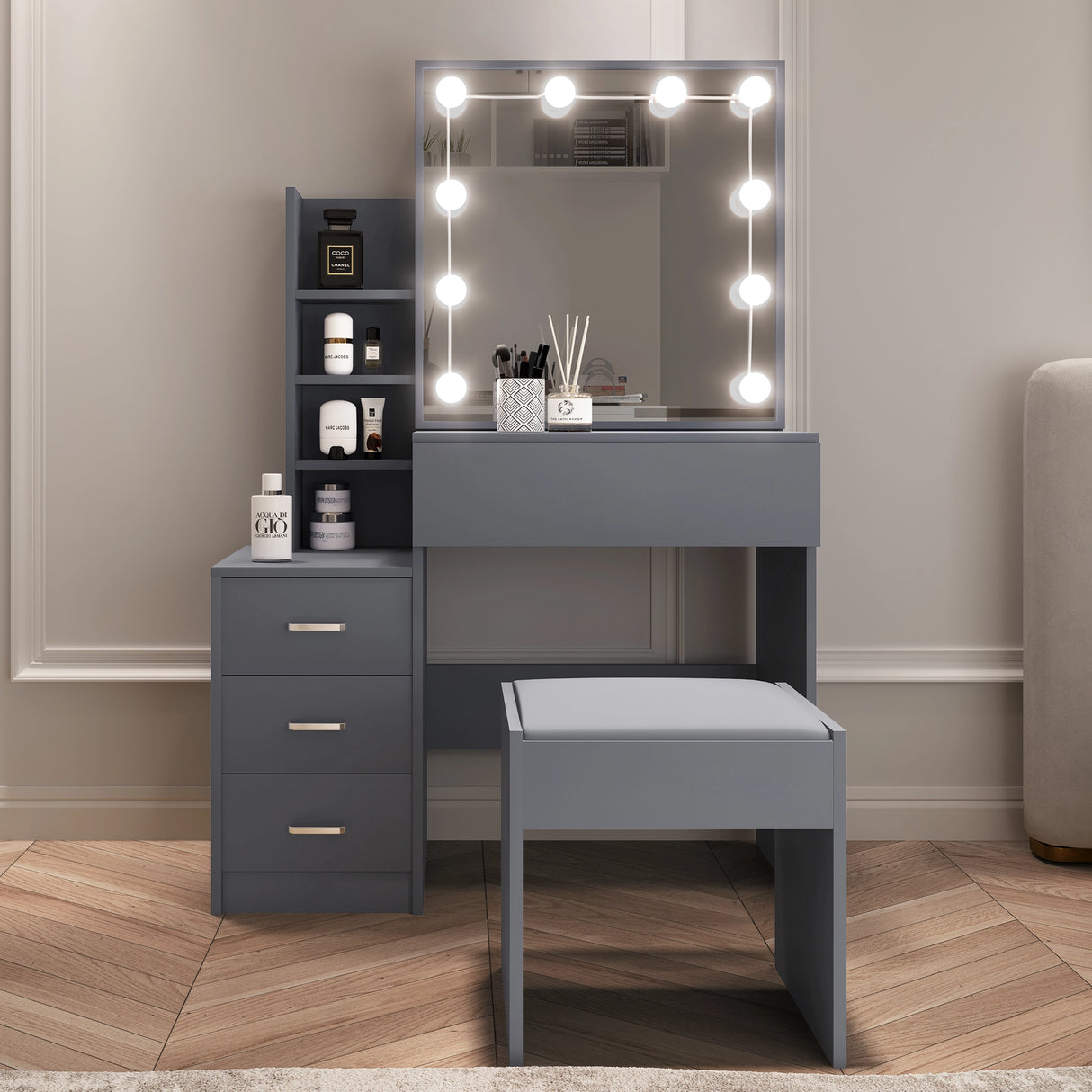Gray vanity desk with mirror and lights in a room setting