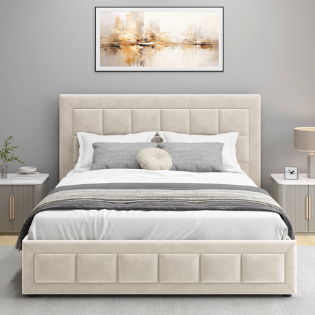Beige king size ottoman bed, offering stylish design and spacious under-bed storage.