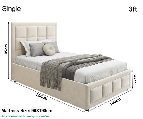Single size ottoman bed, 204cm x 85cm x 100cm, offering ample storage and comfort.