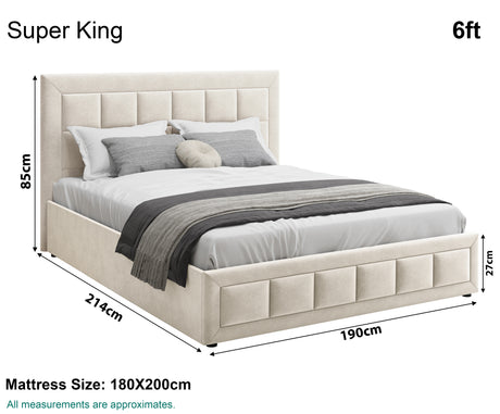 Beige Super king size ottoman beds, 214cm x 85cm x 190cm, with ample storage space.