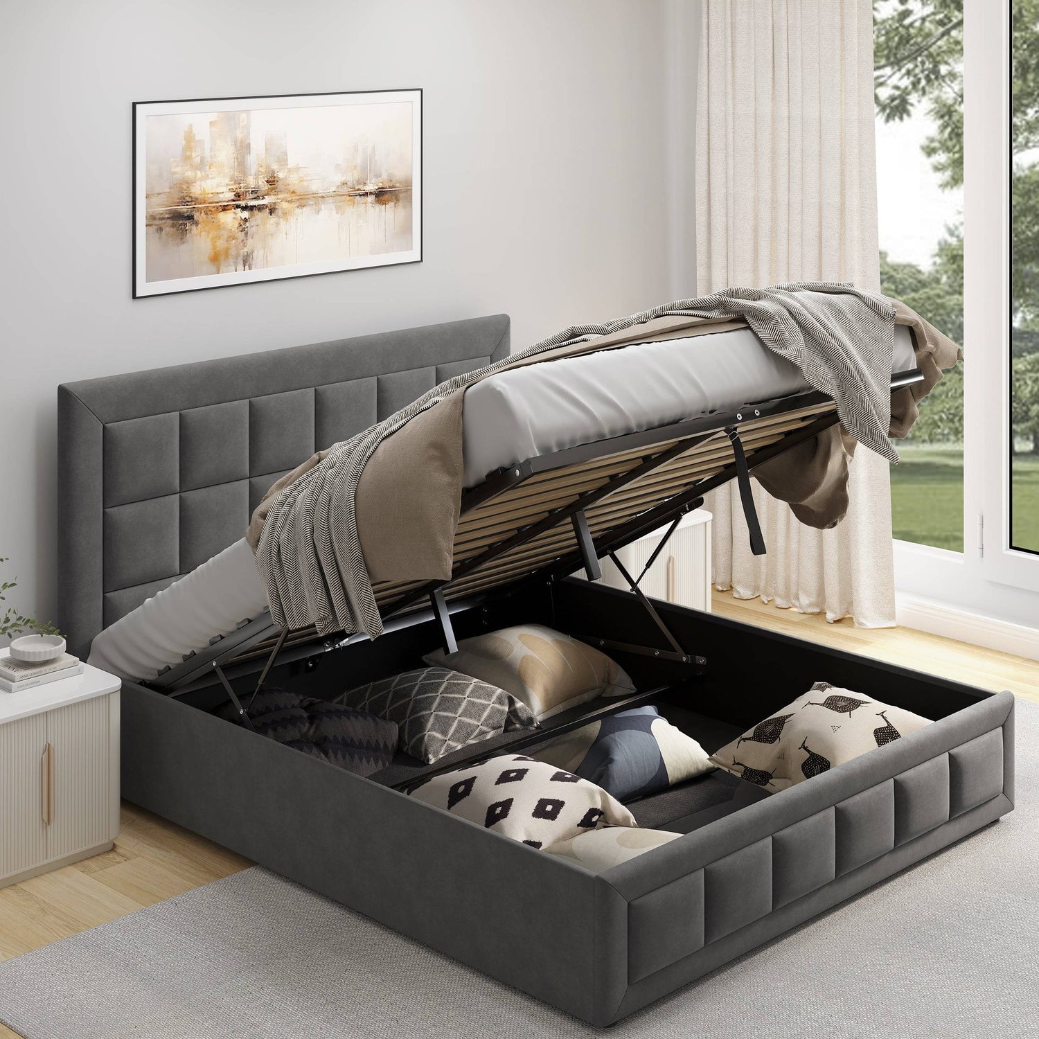 Ottoman bed double with storage, including bags and cushions for added convenience.