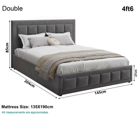 Double size ottoman bed, 204cm x 85cm x 145cm, offering ample storage and comfort.