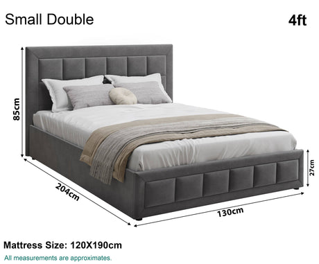 Small double ottoman bed, size 204cm x 85cm x 130cm, with spacious storage.