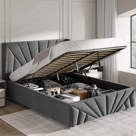 Gray upholstered bed with storage compartment in a bedroom setting