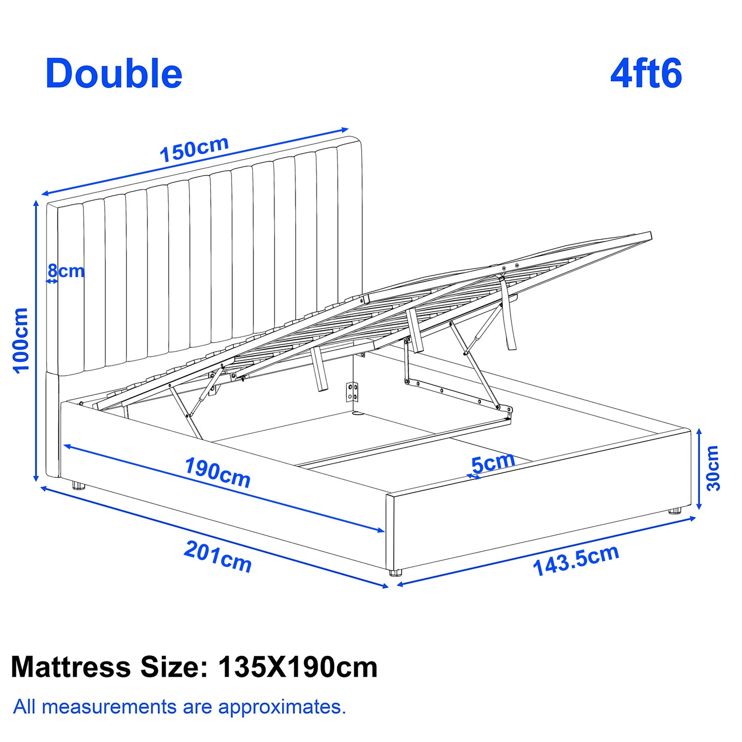 Diagram of a double bed with dimensions labeled