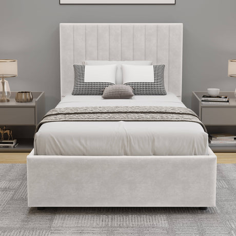 Front view of a beige ottoman single bed frame with vertical line headboard, styled with monochrome bedroom setting.
