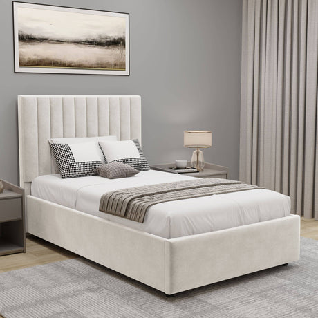 Beige single ottoman beds frame, offering stylish storage and comfort for any room.