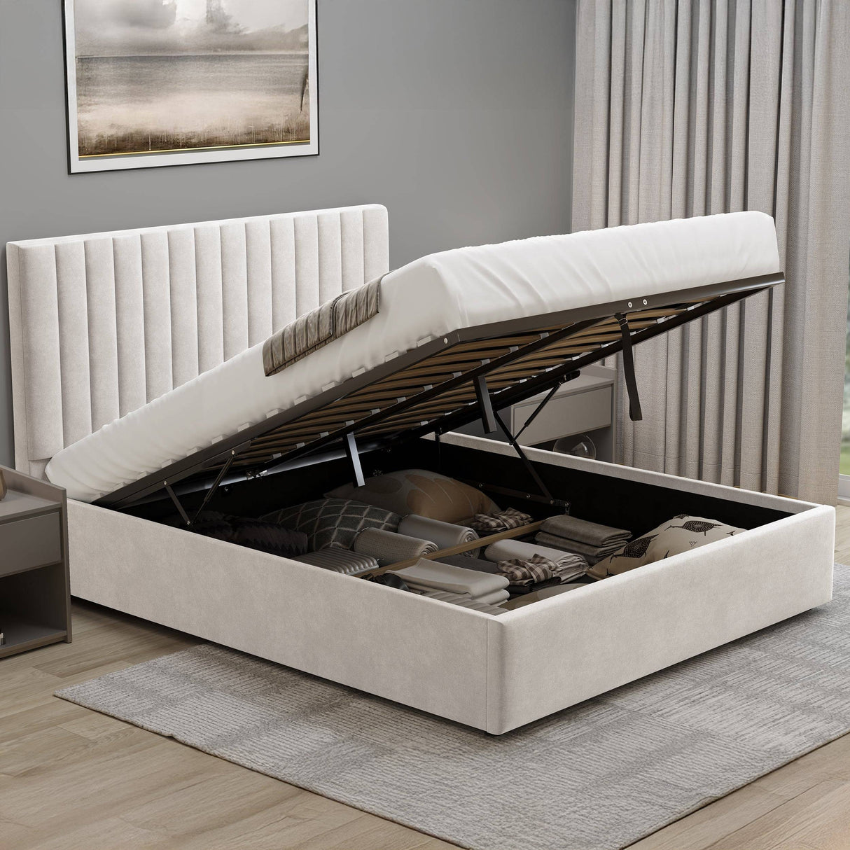 Beige velvet small double storage bed frame with vertical line headboard, gas lift-up, and ample hidden storage for a tidy, efficient room.