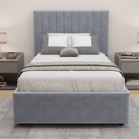 Light grey single storage bed with built-in lift-up ottoman base and modern velvet finish.