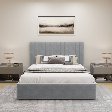 Light grey small double bed frame with gas lift, hidden storage—compact, stylish, and perfect for any bedroom.