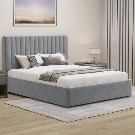 Light grey small double ottoman bed frame with built-in storage, combining stylish design and space-saving functionality for modern bedrooms.