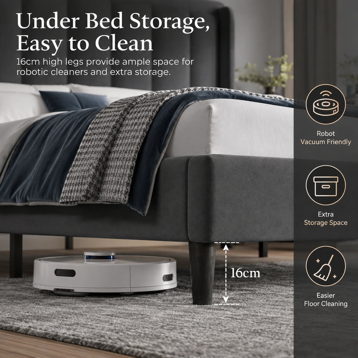 A round white robotic vacuum cleaner sits under a bed in a bedroom setting, with marketing text and icons highlighting features such as robot vacuum friendliness, extra storage space, and easier floor cleaning. The bed, gray rug, and dark wall are visible.