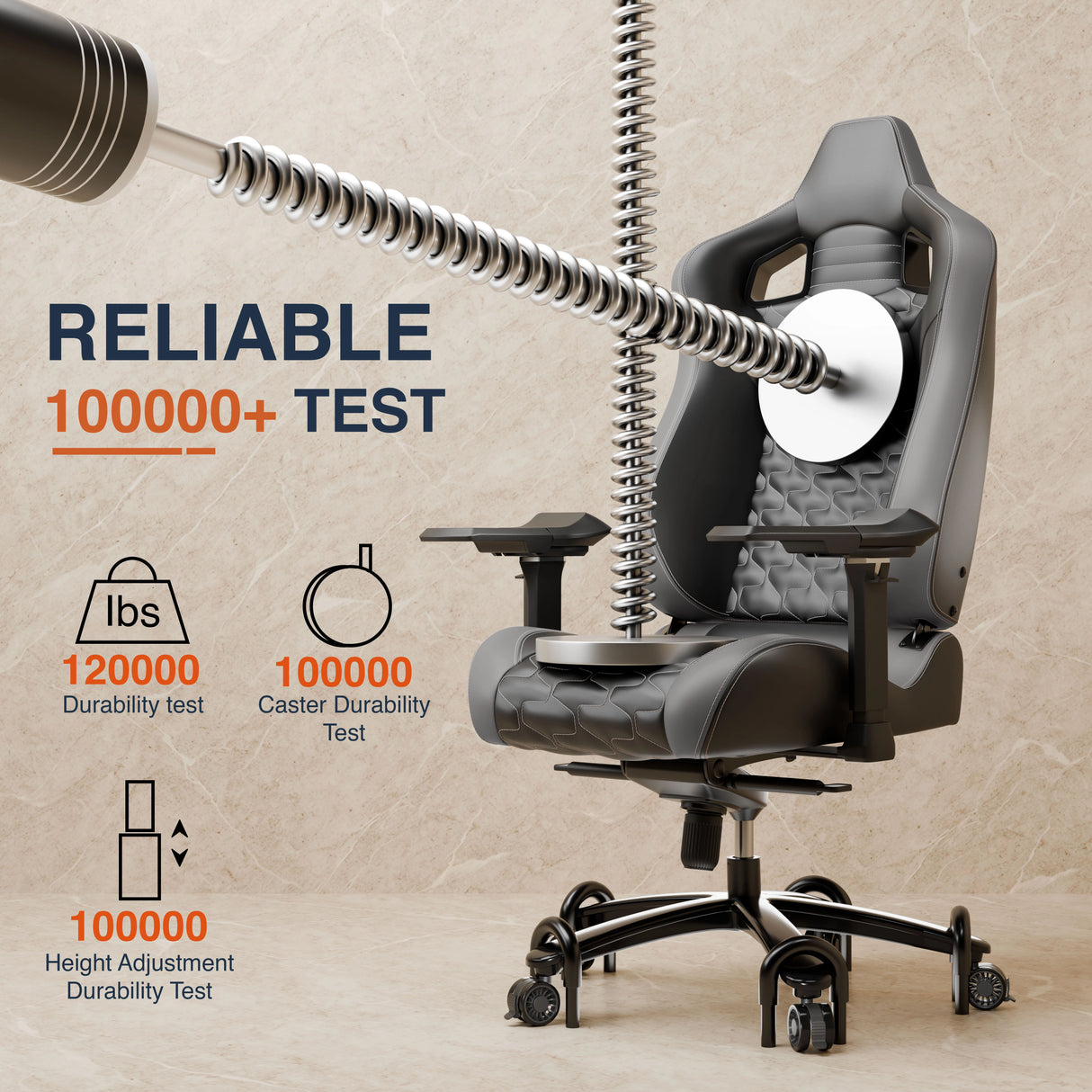 Ergonomic chair with durability testing elements on a beige background