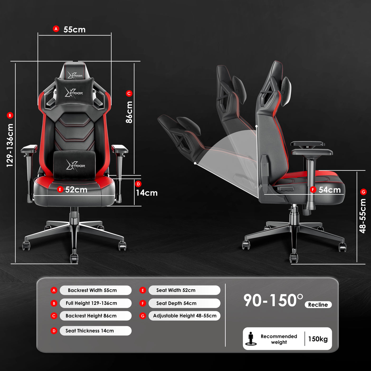 Xstriker Gaming Chair with ergonomic racing design, 4D armrests, 90-150° recline, and adjustable height for optimal comfort and support.