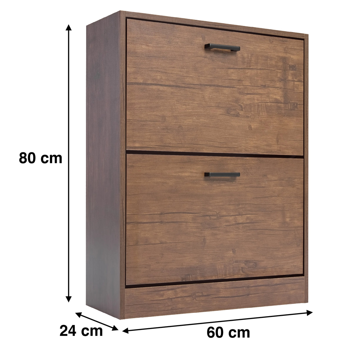 Dimensions of narrow shoe storage in walnut : width 60 cm, depth 24 cm, and height 80 cm.