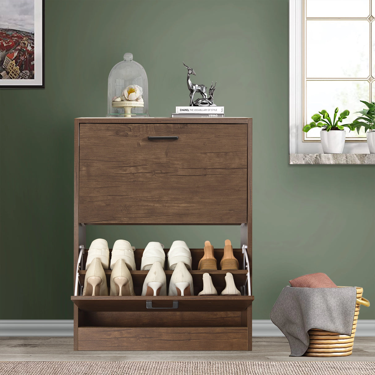 12 pair shoe storage cabinet in walnut showing bottom pull-down drawer with wellies and other shoes stored.