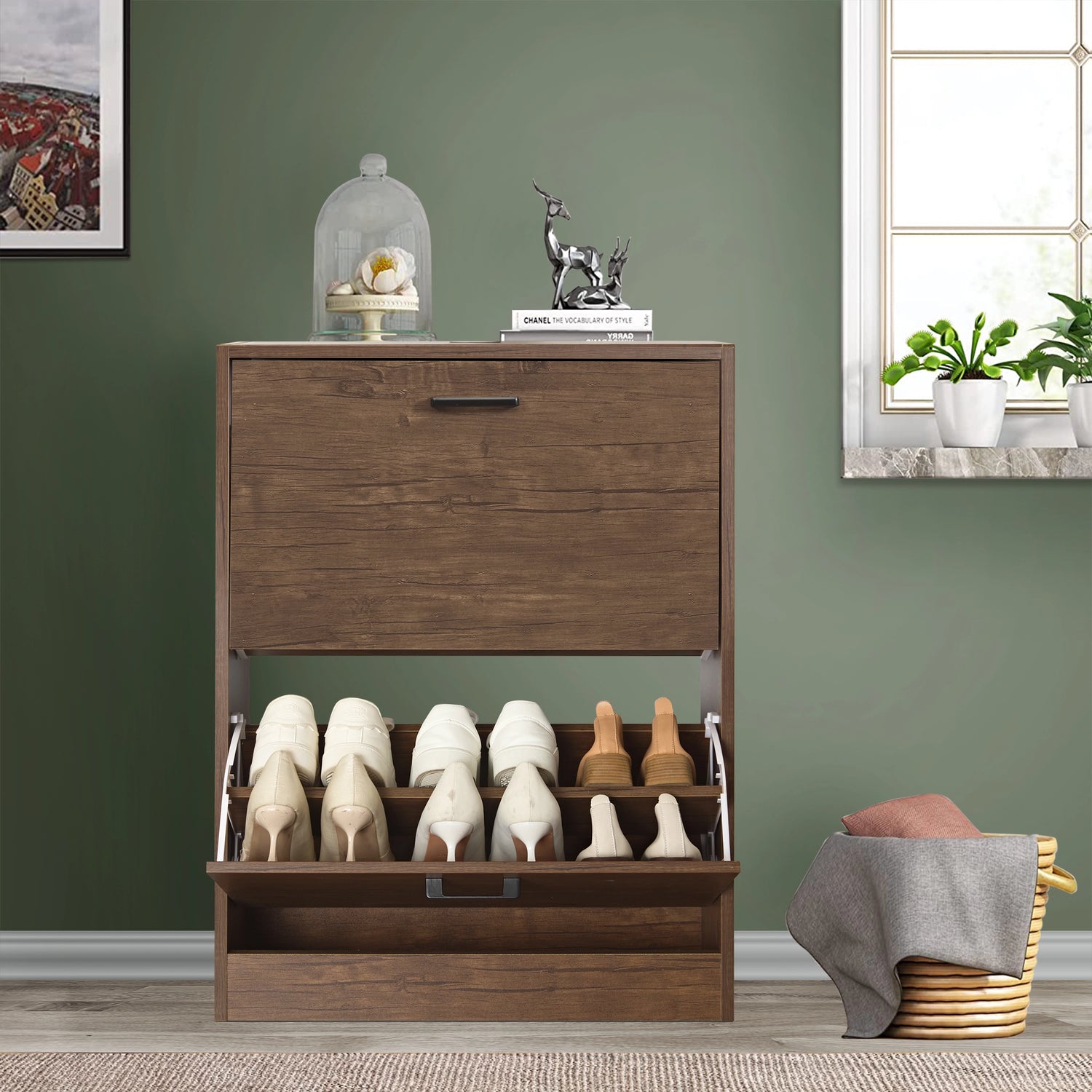 12 pair shoe storage cabinet in walnut showing bottom pull-down drawer with wellies and other shoes stored.