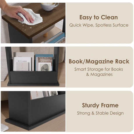 Product display with a book/magazine rack, hand cleaning a surface, and text highlighting features.