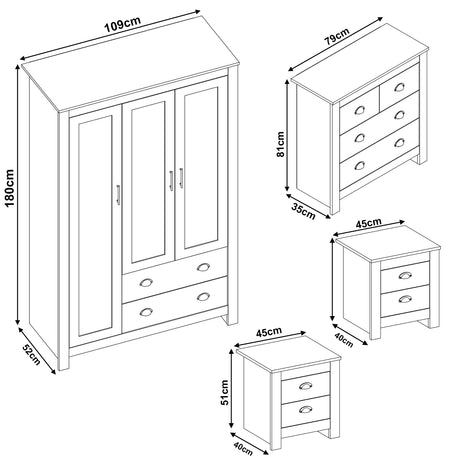 Dimension diagram of grey Shaker 4 Piece Bedroom Set showing wardrobe, chest of drawers, and bedside tables with detailed measurements.