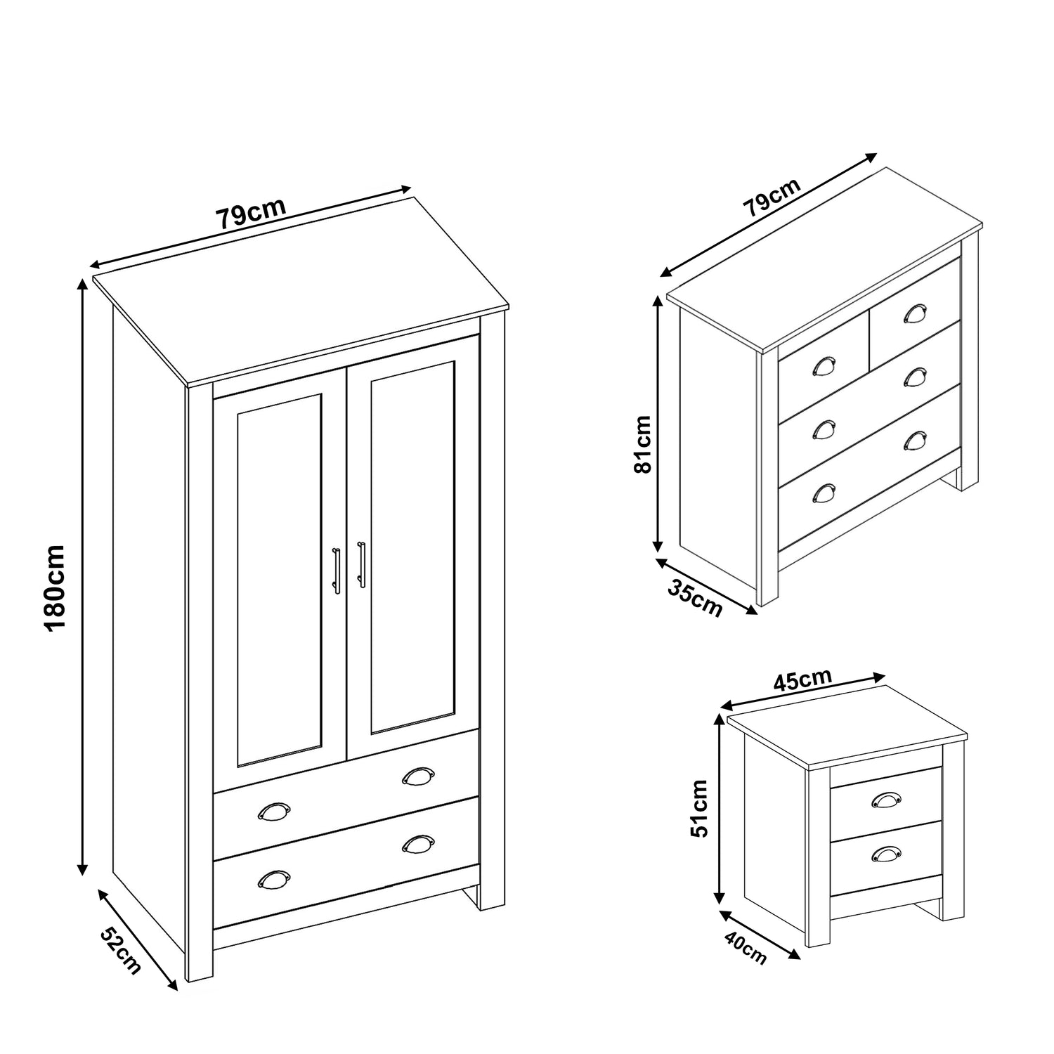 Shaker 3 Piece Bedroom Set with 2 door wardrobe, 4 drawer chest, and 2 drawer bedside table in white finish. Compact and functional furniture set.