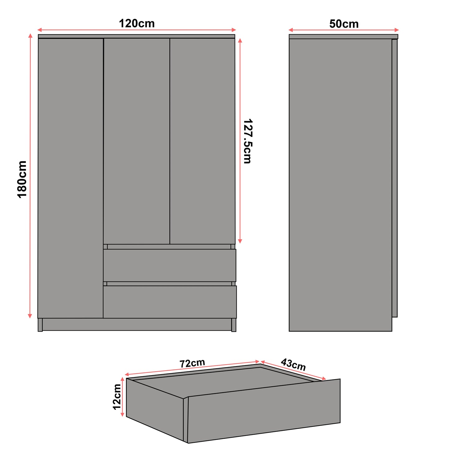 diagram of a wardrobe with doors, drawers, and shelves showing 180 cm height, 120cm width, 50 cm depth and drawers 12cm deep