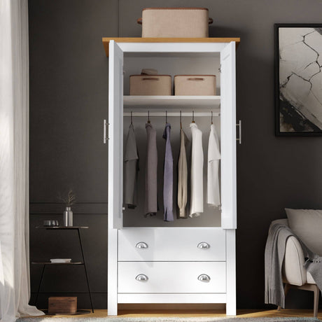 Functional wardrobe with drawers and handles, providing stylish storage solutions.