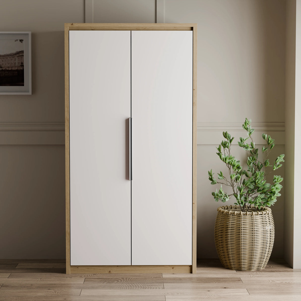 Skova 2 door wardrobe in white with oak frame, part of the Skova 3 Piece Bedroom Furniture Set. Modern design ideal for UK bedrooms.